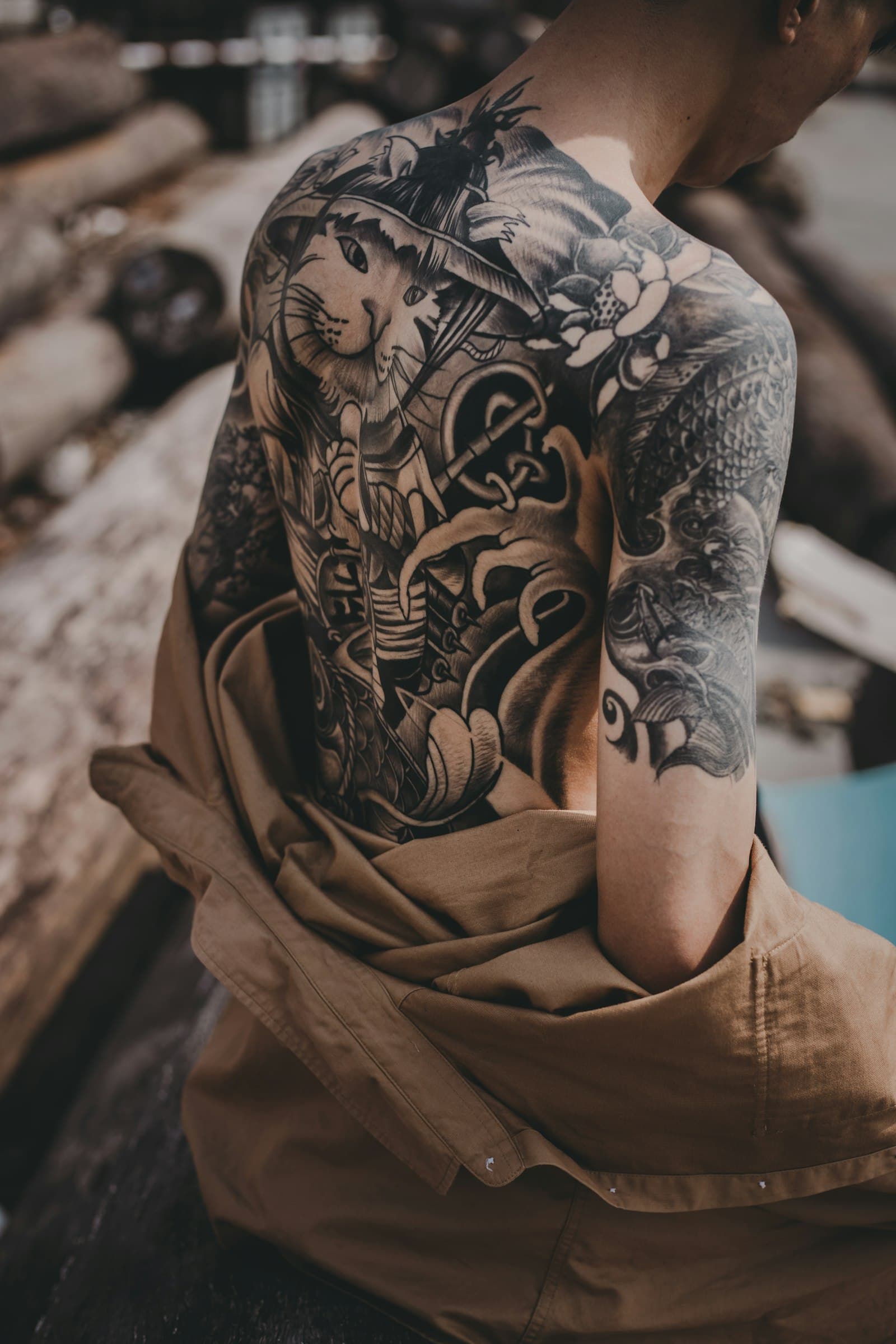A full back piece in black and grey.